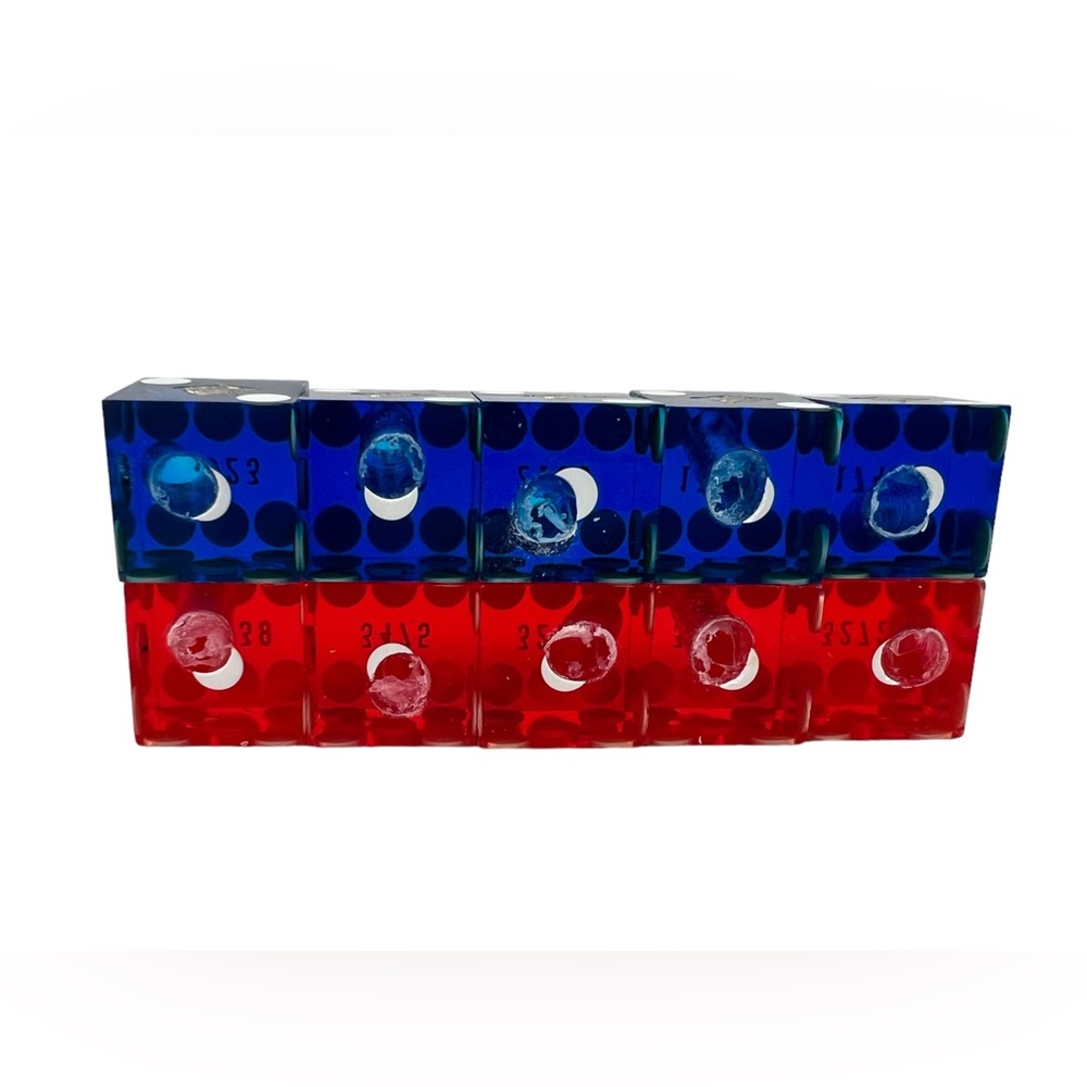 MGM Casino Dice Lot Of 10 Red Blue Cancelled Drilled Translucent Number Vintage